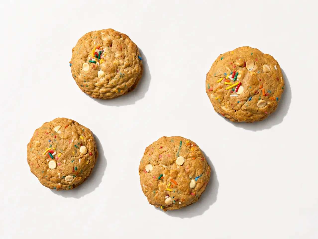 Four golden confetti cookies photographed from above.